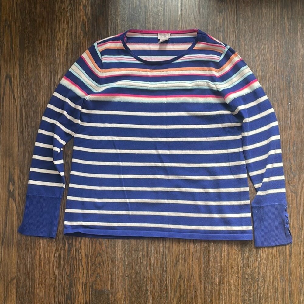 Chicos Striped Long Sleeve Sweater Blue White Pink Size 1 Button Cuff Detail
